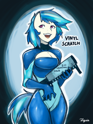 Size: 1800x2400 | Tagged: safe, artist:hot headed clover, artist:tipsie, imported from derpibooru, dj pon-3, vinyl scratch, anthro, bass cannon, boob window, breasts, cleavage, clothes, female, latex, latex suit, open mouth, solo