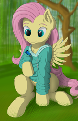 Size: 2099x3242 | Tagged: safe, artist:cluvry, imported from derpibooru, fluttershy, butterfly, pegasus, pony, bottomless, clothes, cute, ear fluff, female, high res, mare, partial nudity, shyabetes, smiling, solo, sweater, sweatershy, tree, willow