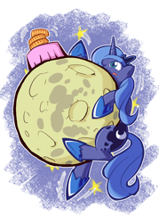 Size: 750x1050 | Tagged: safe, artist:rvceric, imported from derpibooru, princess luna, alicorn, pony, :p, climbing, crown, cute, dessert, female, food, full moon, jewelry, lunabetes, mare, mid-autumn festival, moon, mooncake, reaching, regalia, s1 luna, solo, tangible heavenly object, tongue out