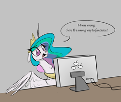 Size: 2440x2059 | Tagged: safe, anonymous artist, imported from derpibooru, princess celestia, alicorn, pony, /mlp/, 4chan, applejack's cutie mark, blushing, chest fluff, colored, computer, cute, cutelestia, dialogue, drawthread, female, floppy ears, frown, funny, funny as hell, gray background, horrified, internet, mare, neck fluff, oh no, open mouth, scared, scaredlestia, simple background, solo, spread wings, table, there are wrong ways to fantasize, there is no wrong way to fantasize, traumatized, wide eyes, wings