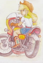 Size: 671x983 | Tagged: safe, artist:daisymane, imported from derpibooru, applejack, equestria girls, belt, boots, clothes, cowboy boots, cowboy hat, denim skirt, female, gloves, hat, motorcycle, shirt, shoes, simple background, skirt, solo, stetson, traditional art, watercolor painting