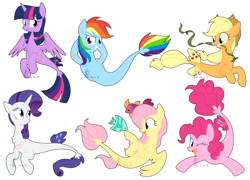 Size: 4300x3100 | Tagged: safe, artist:yaaaco, artist:yaco, imported from derpibooru, applejack, fluttershy, pinkie pie, rainbow dash, rarity, twilight sparkle, alicorn, seapony (g4), my little pony: the movie, mane six, seaponified, seapony applejack, seapony fluttershy, seapony pinkie pie, seapony rainbow dash, seapony rarity, seapony twilight, simple background, smiling, species swap, twilight sparkle (alicorn)