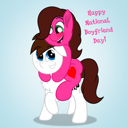 Size: 3000x3000 | Tagged: safe, artist:aarondrawsarts, imported from derpibooru, oc, oc only, oc:brain teaser, oc:rose bloom, pony, blushing, brainbloom, chest fluff, horse riding a horse, national boyfriend day, oc x oc, ponies riding ponies, riding, shipping, smiling, tumblr