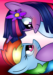 Size: 2480x3507 | Tagged: safe, artist:twidasher, imported from derpibooru, rainbow dash, twilight sparkle, pony, blushing, duo, female, flower, flower in hair, lesbian, looking at each other, shipping, twidash