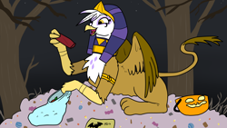 Size: 3200x1800 | Tagged: safe, artist:pony quarantine, imported from derpibooru, gilda, griffon, sphinx, candy, candy pile, clothes, costume, derp, food, happy, headress, majestic, nightmare night, prone, pumpkin bucket, smiling, solo, tree