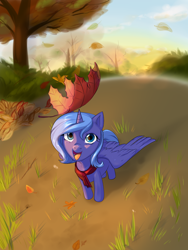 Size: 1024x1365 | Tagged: safe, artist:adsddjdfbdg, imported from derpibooru, princess luna, alicorn, pony, autumn, female, filly, leaf, leaves, mare, smiling, solo, tree, woona, younger