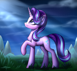 Size: 1920x1792 | Tagged: safe, artist:setharu, imported from derpibooru, starlight glimmer, pony, unicorn, chest fluff, cloud, cute, cutie mark, ear fluff, female, glimmerbetes, grass, grass field, horn, lidded eyes, looking up, mare, mountain, night, raised hoof, scenery, signature, sky, smiling, solo, stars