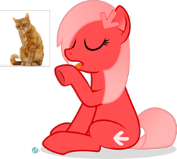 Size: 2000x1800 | Tagged: safe, artist:arifproject, imported from derpibooru, oc, oc only, oc:downvote, cat, pony, derpibooru, behaving like a cat, derpibooru ponified, eyes closed, licking, meta, ponified, ponified animal photo, simple background, sitting, solo, tongue out, transparent background, vector