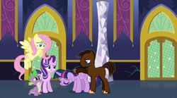 Size: 1024x570 | Tagged: safe, artist:arcgaming91, imported from derpibooru, fluttershy, spike, starlight glimmer, twilight sparkle, oc, oc:smash gamer, alicorn, dragon, pony creator, blank flank, twilight sparkle (alicorn)