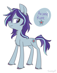 Size: 1024x1306 | Tagged: safe, artist:flourret, imported from derpibooru, oc, oc only, oc:arcane rune, pony, unicorn, chest fluff, ear fluff, lidded eyes, looking back, magical lesbian spawn, male, neck fluff, offspring, parent:starlight glimmer, parent:trixie, parents:startrix, signature, simple background, smiling, solo, stallion, standing, unshorn fetlocks, white background