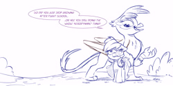 Size: 6000x3000 | Tagged: safe, artist:dilarus, deleted from derpibooru, imported from derpibooru, gilda, rainbow dash, griffon, pegasus, pony, angry, dialogue, duo, female, mare, partial color, simple background, size difference, smoldash, speech bubble, teasing, white background