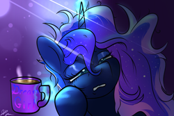 Size: 3000x2000 | Tagged: safe, artist:wilshirewolf, imported from derpibooru, princess luna, alicorn, coffee, female, high res, lidded eyes, magic, mare, messy mane, morning ponies, mug, solo, tired