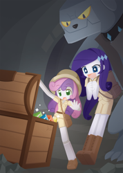 Size: 1000x1407 | Tagged: safe, artist:howxu, imported from derpibooru, fido, rarity, sweetie belle, diamond dog, equestria girls, cavern, clothes, cute, diasweetes, female, gem, happy, male, raribetes, shorts, treasure, treasure chest, trio