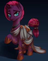 Size: 2334x2952 | Tagged: safe, artist:dankflank, imported from derpibooru, fizzlepop berrytwist, tempest shadow, pony, unicorn, my little pony: the movie, alternate hairstyle, broken horn, clothes, cute, female, high res, horseshoes, jewelry, looking at you, mare, necklace, raised hoof, ribbon, simple background, tempestbetes, toga