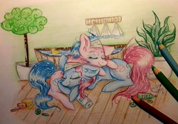 Size: 1369x956 | Tagged: safe, artist:woonborg, imported from derpibooru, aloe, lotus blossom, earth pony, pony, bathtub, cheek fluff, colored pencil drawing, cuddling, cute, ear fluff, eyes closed, eyeshadow, female, floppy ears, headband, indoors, makeup, mare, nap, signature, sleeping, smiling, spa, traditional art, tree