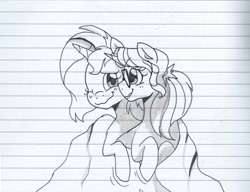 Size: 1640x1262 | Tagged: safe, artist:little-tweenframes, deleted from derpibooru, imported from derpibooru, sci-twi, sunset shimmer, twilight sparkle, series:sciset diary, cuddling, female, glasses, inktober, lesbian, lined paper, scitwishimmer, shipping, sunsetsparkle, traditional art