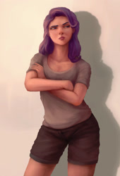 Size: 1992x2930 | Tagged: safe, artist:starblaze25, imported from derpibooru, starlight glimmer, human, alternate hairstyle, clothes, crossed arms, female, humanized, realistic, shirt, shorts, simple background, solo