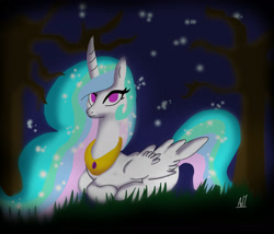 Size: 2128x1820 | Tagged: safe, artist:adtmlp, imported from derpibooru, princess celestia, alicorn, female, jewelry, night, peytral, prone, solo, tree