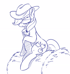 Size: 2761x2887 | Tagged: safe, artist:dilarus, deleted from derpibooru, imported from derpibooru, applejack, pony, commission, cowboy hat, eyes closed, hat, hay bale, monochrome, simple background, sketch, solo, white background