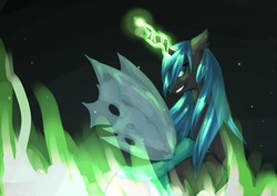 Size: 3507x2480 | Tagged: safe, artist:felineoc-alice, imported from derpibooru, queen chrysalis, changeling, changeling queen, female, glowing horn, smiling, solo