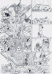 Size: 1642x2330 | Tagged: safe, artist:kuroneko, derpibooru exclusive, imported from derpibooru, catrina, dragon lord torch, lavan, dragon, comic, g1, grayscale, monochrome, traditional art, volcano