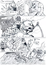 Size: 1650x2336 | Tagged: safe, artist:kuroneko, derpibooru exclusive, imported from derpibooru, dragon lord torch, lavan, princess celestia, princess luna, alicorn, dragon, pony, comic, g1, grayscale, monochrome, traditional art, volcano