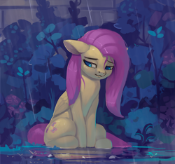 Size: 1200x1121 | Tagged: safe, artist:rodrigues404, imported from derpibooru, fluttershy, pegasus, pony, cute, female, mare, puddle, rain, shyabetes, sitting, solo