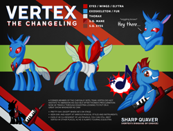 Size: 3143x2392 | Tagged: safe, artist:hywther, artist:vertexthechangeling, imported from derpibooru, oc, oc only, oc:vertexthechangeling, changedling, changeling, pegasus, pony, changedling oc, cutie mark, disguise, disguised changeling, eyebrow wiggle, keytar, male, mohawk, musical instrument, reference sheet, smiling