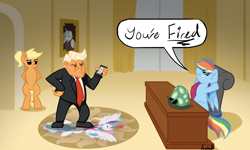 Size: 3000x1800 | Tagged: safe, artist:tuppkam1, imported from derpibooru, applejack, princess celestia, rainbow dash, tank, earth pony, human, pegasus, pony, bipedal, cellphone, desk, dialogue, donald trump, fanart mashup challenge, female, male, mare, phone, politics, sunglasses, white house, you're fired