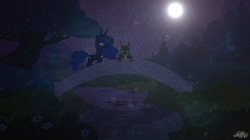 Size: 1024x574 | Tagged: safe, artist:wisdomvision f., imported from derpibooru, princess luna, changeling, brother, brotiss, celebrations are in change, cover art, lcac, love changes a changeling, male, ponyville, story art