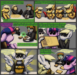 Size: 3240x3168 | Tagged: safe, artist:firefanatic, imported from derpibooru, applejack, derpy hooves, ditzy doo, twilight sparkle, monster pony, original species, tatzlpony, comic:agents of hoo-men, chair, comic, dialogue, fluffy, food, heart, muffin, species swap, table, tatzljack, what is hoo-man