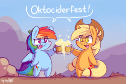 Size: 2994x2000 | Tagged: safe, alternate version, artist:dsp2003, derpibooru exclusive, imported from derpibooru, applejack, rainbow dash, earth pony, pegasus, pony, bipedal, blushing, chibi, cider, comic, cute, dashabetes, female, jackabetes, oktoberfest, open mouth, single panel, style emulation, sweet dreams fuel