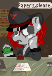 Size: 700x1024 | Tagged: safe, imported from derpibooru, arstotzka, bored, female, hat, papers please, stamp