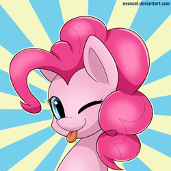 Size: 4000x4000 | Tagged: safe, artist:neoncel, imported from derpibooru, pinkie pie, pony, :p, absurd resolution, bust, cute, diapinkes, female, mare, one eye closed, portrait, solo, sunburst background, tongue out, wink