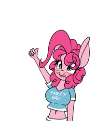 Size: 500x549 | Tagged: safe, artist:silverfox057, imported from derpibooru, pinkie pie, anthro, belly button, big breasts, blood, blushing, breasts, busty pinkie pie, clothes, explicit source, midriff, nosebleed, shirt, simple background, thumbs up, tongue out, transparent background