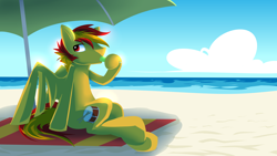 Size: 5248x2952 | Tagged: safe, artist:neoncel, imported from derpibooru, oc, oc only, oc:gerhard, beach, food, popsicle, solo, summer