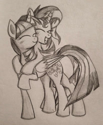 Size: 786x960 | Tagged: safe, artist:leffenkitty, imported from derpibooru, sunset shimmer, twilight sparkle, alicorn, eyes closed, female, hug, lesbian, pencil drawing, shipping, smiling, sunsetsparkle, traditional art, twilight sparkle (alicorn)