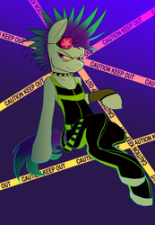 Size: 2772x4000 | Tagged: safe, artist:neoncel, imported from derpibooru, oc, oc only, oc:raven mcchippy, semi-anthro, caution tape, collar, mohawk, punk, solo, spiked collar, spiky mane