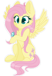 Size: 2048x3000 | Tagged: safe, artist:cinnamontee, imported from derpibooru, fluttershy, butterfly, pegasus, pony, chest fluff, cute, female, high res, holding, looking at something, raised hoof, shyabetes, simple background, sitting, smiling, solo, spread wings, transparent background, wings