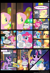 Size: 6927x10000 | Tagged: safe, artist:xenoneal, imported from derpibooru, applejack, fluttershy, pinkie pie, princess celestia, princess luna, rainbow dash, twilight sparkle, alicorn, absurd resolution, balloon, book, cake, comic, food, twilight sparkle (alicorn)