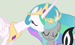 Size: 1024x617 | Tagged: safe, artist:lost-our-dreams, imported from derpibooru, princess celestia, oc, oc:unity, hybrid, pony, female, interspecies offspring, mother and daughter, nuzzling, offspring, parent:discord, parent:princess celestia, parents:dislestia, simple background