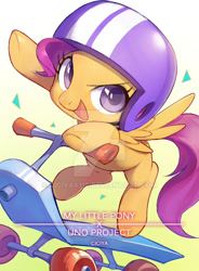 Size: 600x817 | Tagged: safe, artist:ciciya, imported from derpibooru, scootaloo, pegasus, pony, badass, badass adorable, blank flank, cute, cutealoo, female, filly, foal, gradient background, helmet, looking at you, open mouth, scooter, simple background, solo, spread wings, watermark, wings