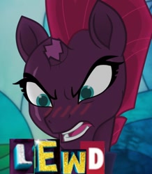 Size: 513x588 | Tagged: safe, edit, edited screencap, imported from derpibooru, screencap, fizzlepop berrytwist, tempest shadow, unicorn, my little pony: the movie, blushing, broken horn, bust, caption, expand dong, exploitable meme, eye scar, female, image macro, lewd, meme, scar, solo