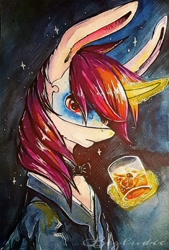 Size: 840x1240 | Tagged: safe, artist:bezludie, imported from derpibooru, oc, oc only, oc:lapush buns, pony, bowtie, bunnycorn, clothes, glass, solo, traditional art