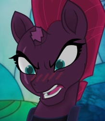 Size: 513x588 | Tagged: safe, edit, edited screencap, imported from derpibooru, screencap, tempest shadow, pony, unicorn, my little pony: the movie, baka, blushing, broken horn, bust, commander cute, cute, eye scar, scar, tempestbetes, tsundere, tsundere shadow