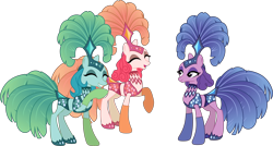Size: 5612x3000 | Tagged: safe, artist:jeatz-axl, edit, imported from derpibooru, emerald flare, sapphire sequins, sunset circus, viva las pegasus, absurd resolution, clothes, eyes closed, female, inverted mouth, laughing, midriff, open mouth, performer, raised hoof, show mares, showgirl, simple background, transparent background, trio female, vector