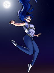 Size: 1323x1764 | Tagged: safe, artist:rileyav, imported from derpibooru, princess luna, human, blue jeans, clothes, falling, female, harness, humanized, moon, night, parachute, shirt, solo, t-shirt, tack