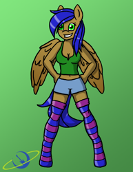 Size: 850x1100 | Tagged: safe, alternate version, artist:thehappyspaceman, derpibooru exclusive, imported from derpibooru, oc, oc only, oc:azure rush, oc:zephyr verve, anthro, pegasus, unguligrade anthro, belly button, cleavage, clothes, female, gradient background, hand on hip, rule 63, shorts, simple background, socks, solo, striped socks, tanktop, watermark, wings