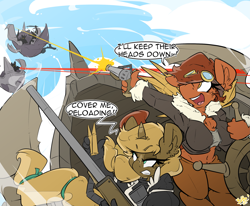 Size: 2423x2000 | Tagged: safe, artist:bbsartboutique, imported from derpibooru, oc, oc only, oc:cirrus mist, oc:lead lace, anthro, earth pony, pegasus, unicorn, airship, alternate universe, belly button, bomber jacket, chest fluff, cloud, cloudy, comic, dialogue, ear fluff, fake wings, female, femboy, fluffy, goggles, gun, handgun, horn, male, open mouth, optical sight, pistol, prosthetic wing, rifle, sniper, sniper rifle, steampunk, teeth, tomboy, weapon