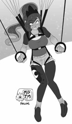 Size: 583x1000 | Tagged: safe, artist:my pet tentacle monster, imported from derpibooru, princess luna, human, commission, denim shorts, explicit source, female, humanized, monochrome, parachute, ponytail, sketch, solo, tights